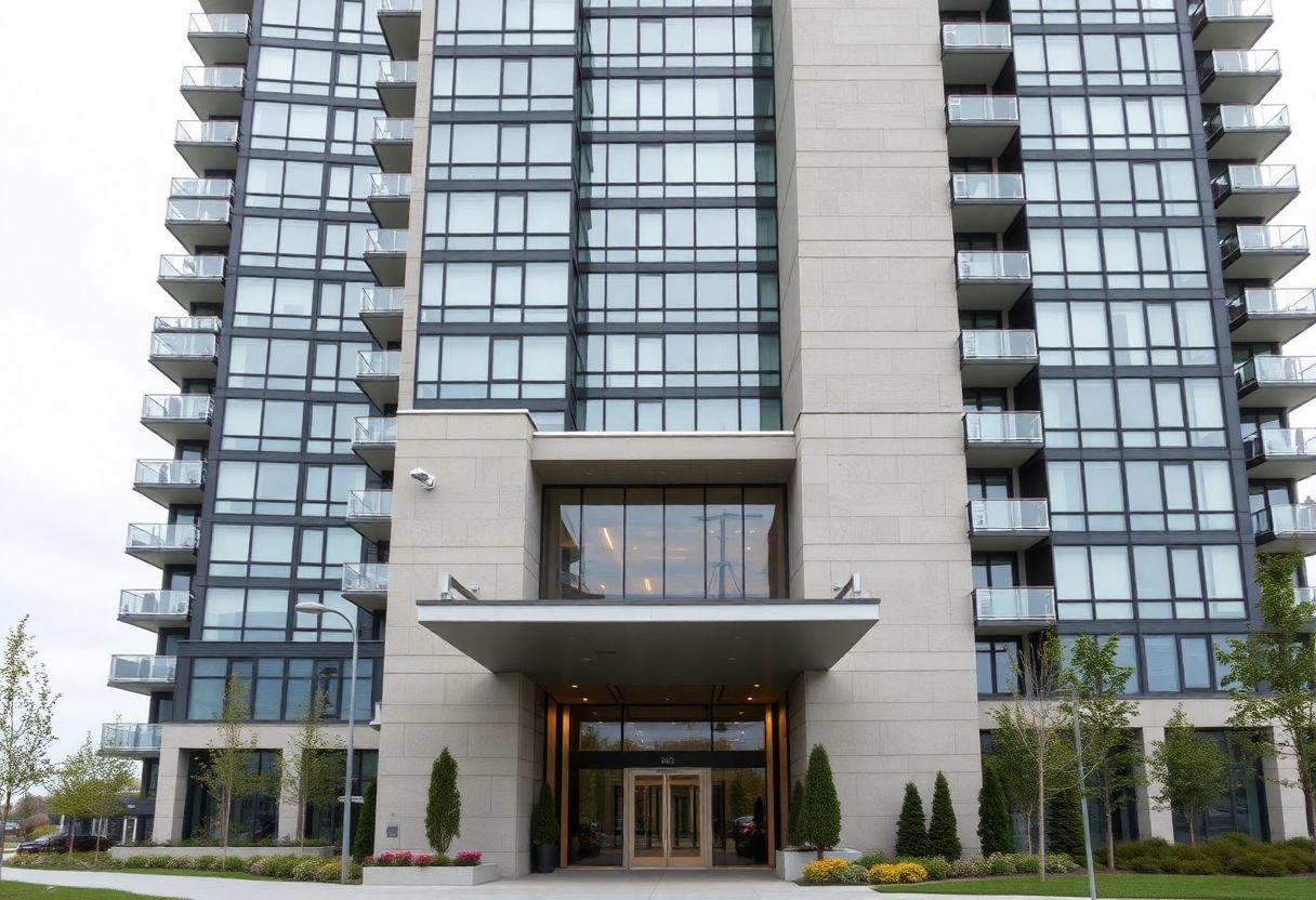 Security cameras monitoring the lobby and entrance of a high-rise condominium building