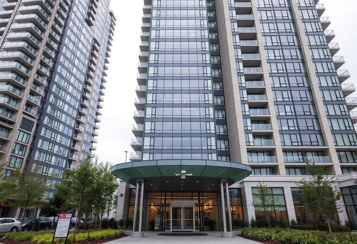 Security cameras monitoring the lobby and entrance of a high-rise condominium building