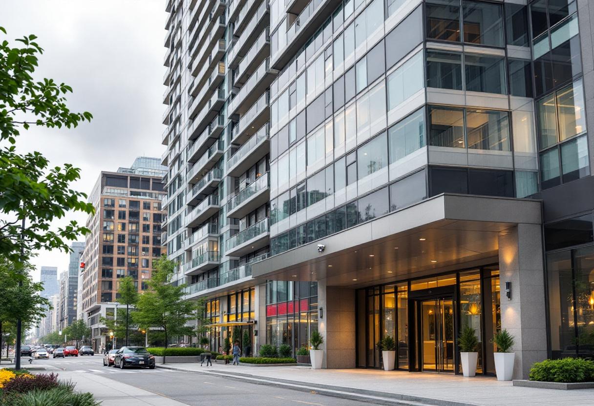 Security cameras monitoring the lobby and entrance of a high-rise condominium building