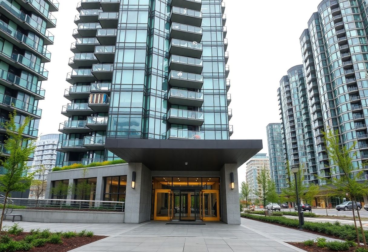 Security cameras monitoring the lobby and entrance of a high-rise condominium building