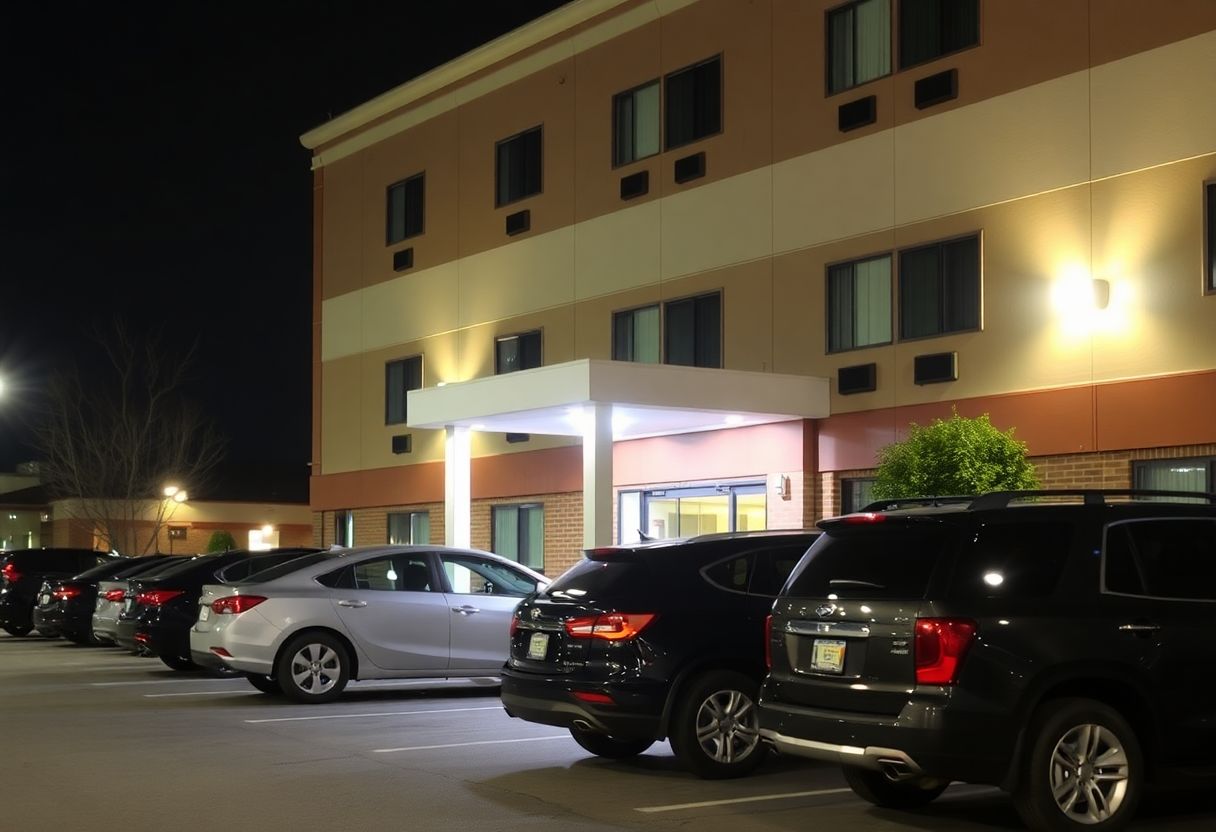 Security cameras monitoring the entrance and parking lot of a hotel in Ontario