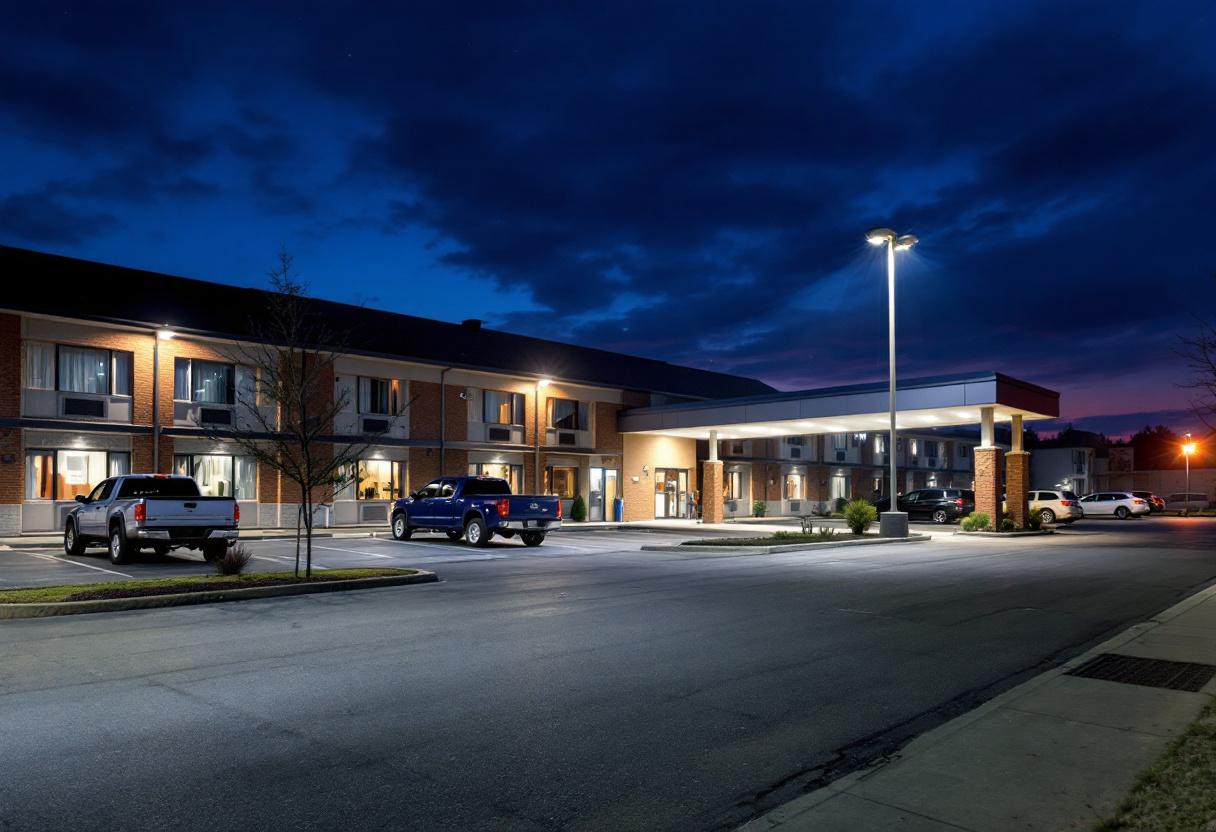 Security cameras monitoring the entrance and parking lot of a hotel in Ontario
