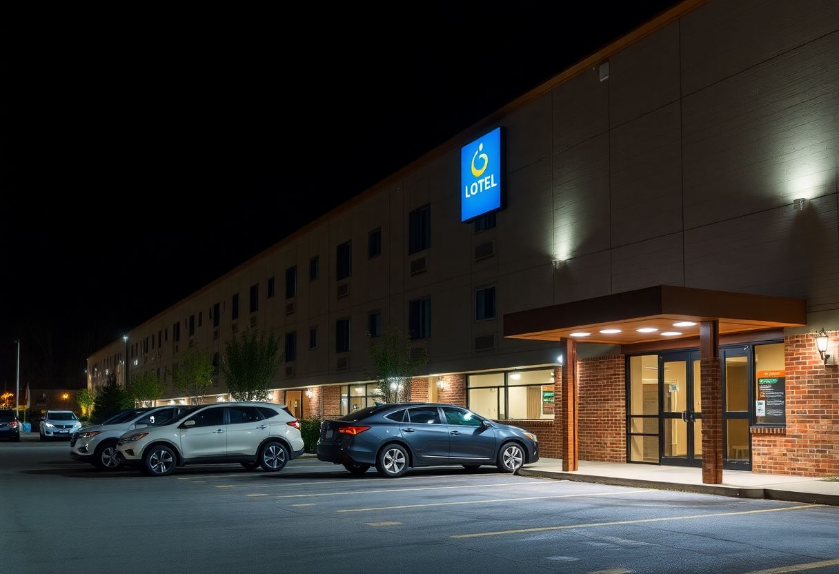 Security cameras monitoring the entrance and parking lot of a hotel in Ontario