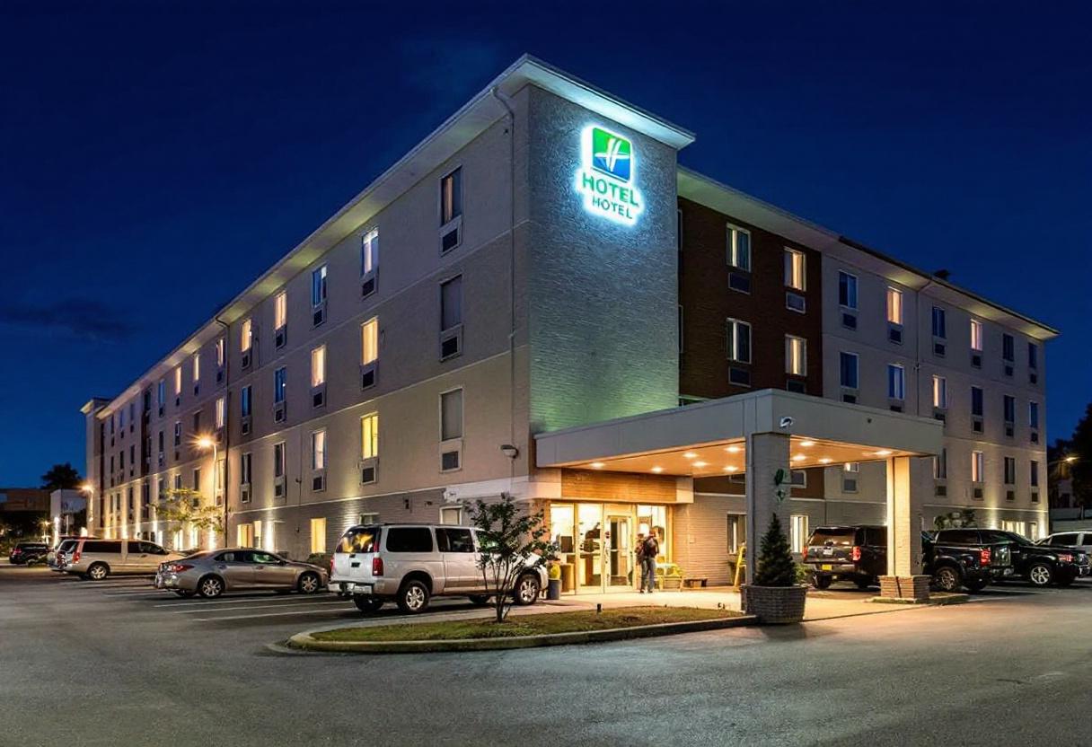 Security cameras monitoring the entrance and parking lot of a hotel in Ontario