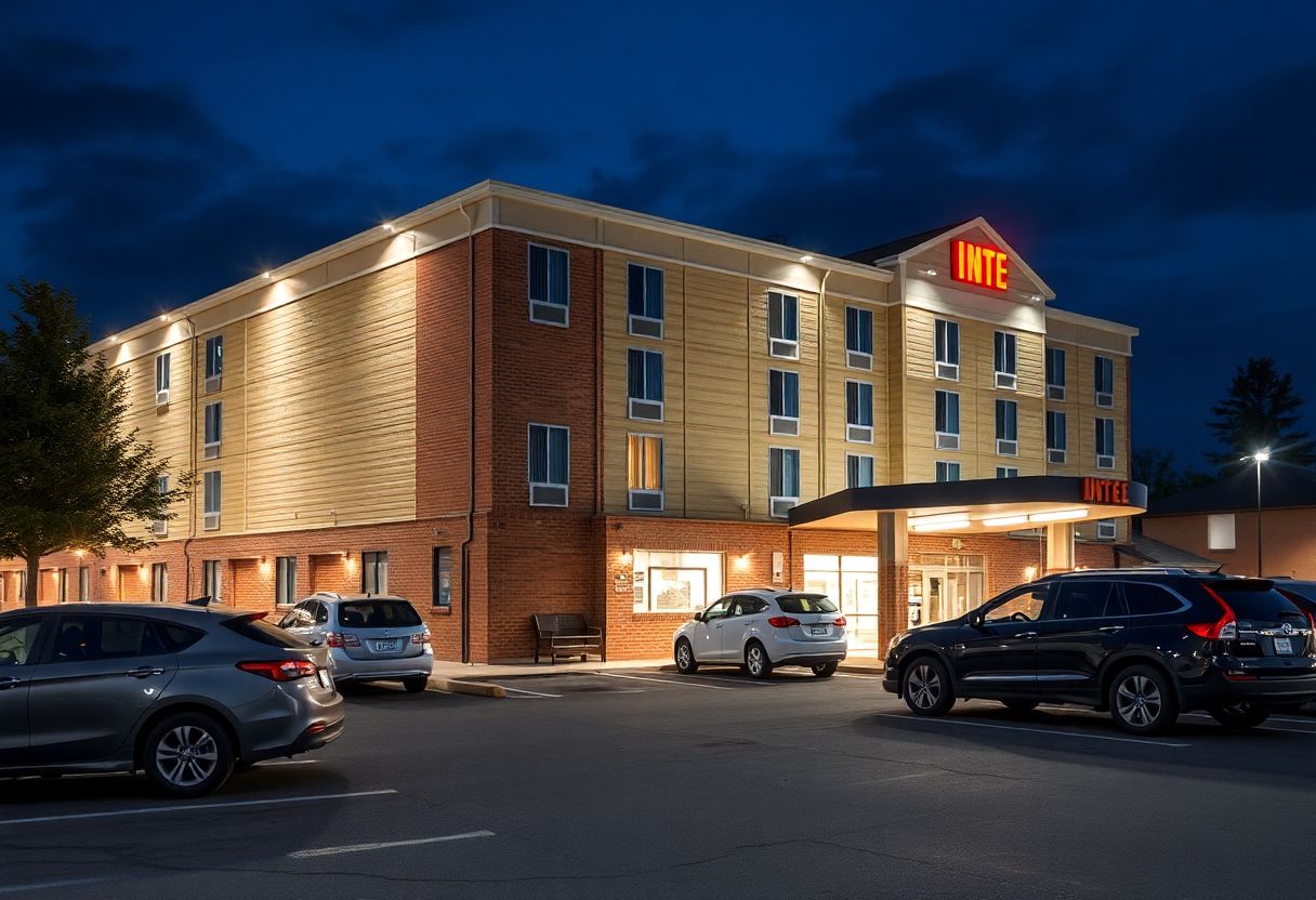 Security cameras monitoring the entrance and parking lot of a hotel in Ontario