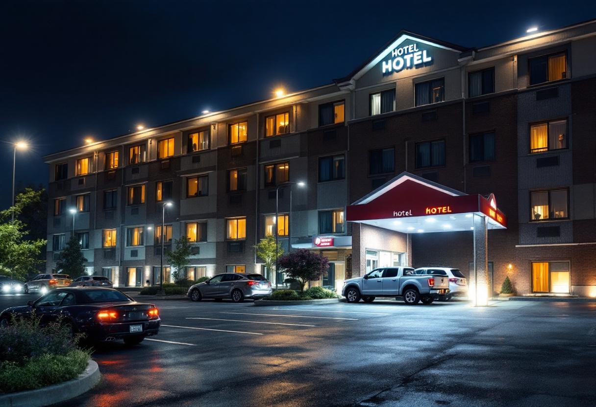 Security cameras monitoring the entrance and parking lot of a hotel in Ontario