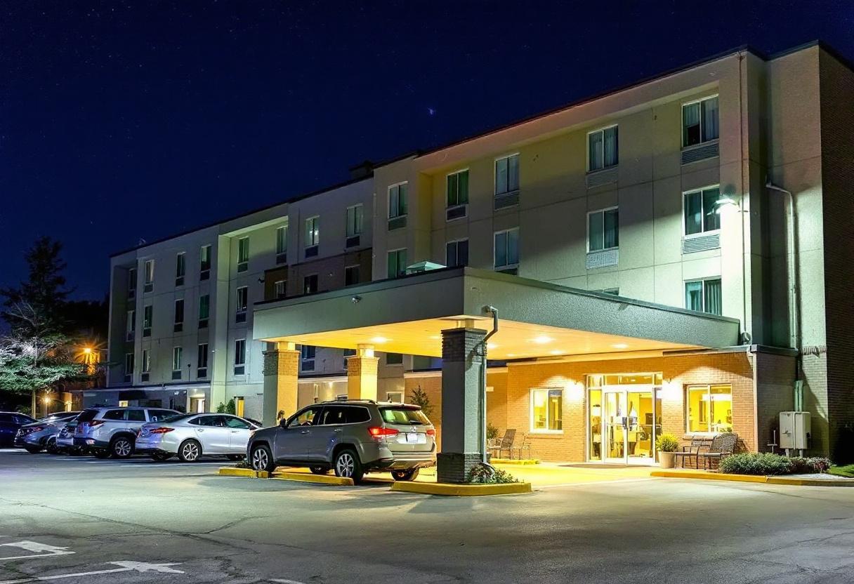 Security cameras monitoring the entrance and parking lot of a hotel in Ontario