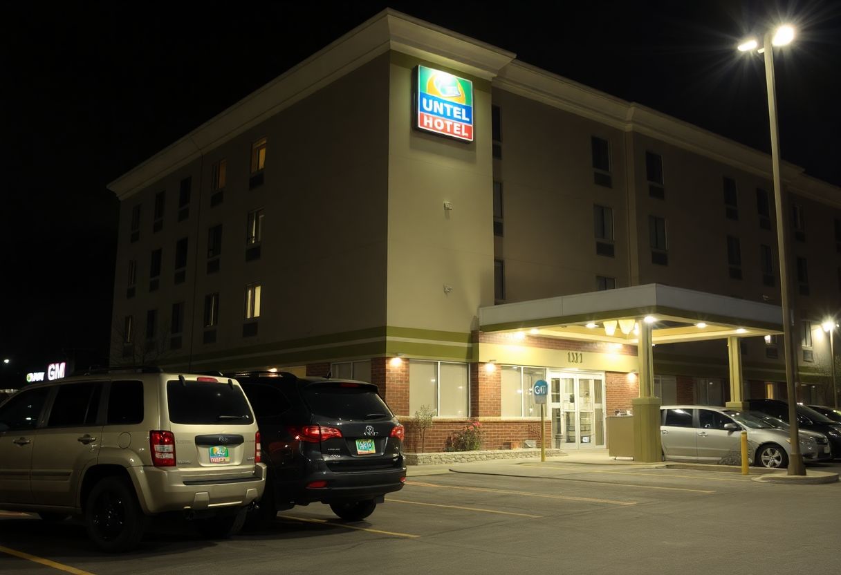 Security cameras monitoring the entrance and parking lot of a hotel in Ontario