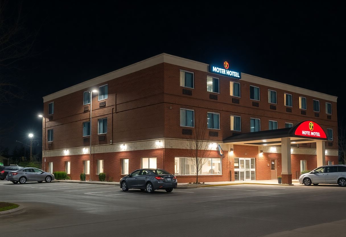 Security cameras monitoring the entrance and parking lot of a hotel in Ontario