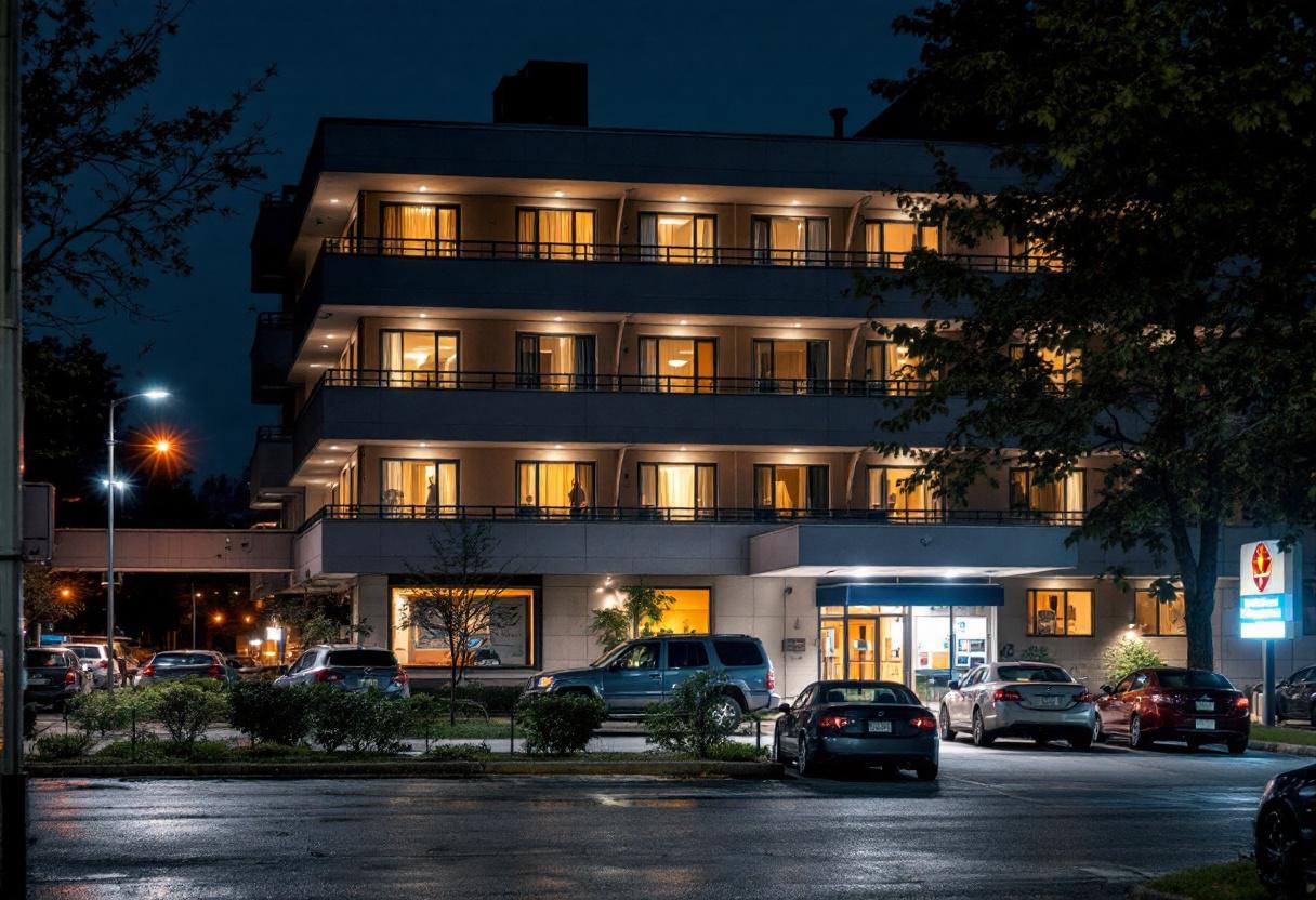 Security cameras monitoring the entrance and parking lot of a hotel in Ontario