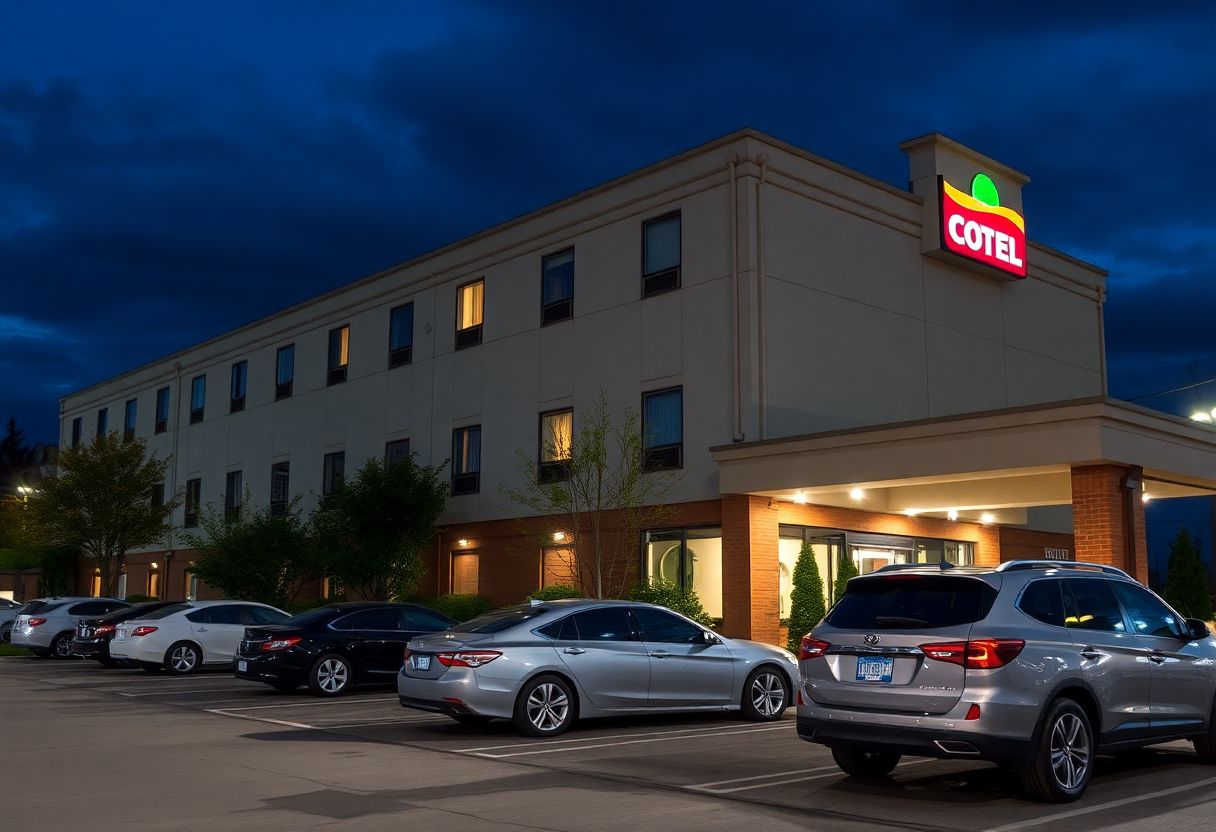 Security cameras monitoring the entrance and parking lot of a hotel in Ontario