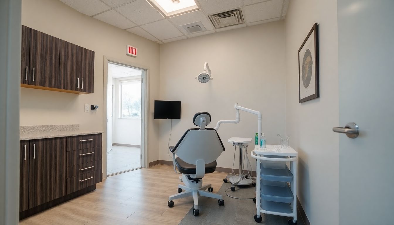 Card reader beside the staff door of an Ontario dental clinic, with the reception area and treatment corridor behind it