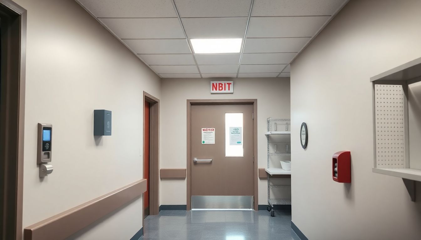 Card reader beside the staff door of an Ontario dental clinic, with the reception area and treatment corridor behind it