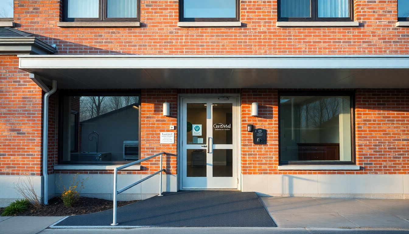 Card reader beside the staff door of an Ontario dental clinic, with the reception area and treatment corridor behind it