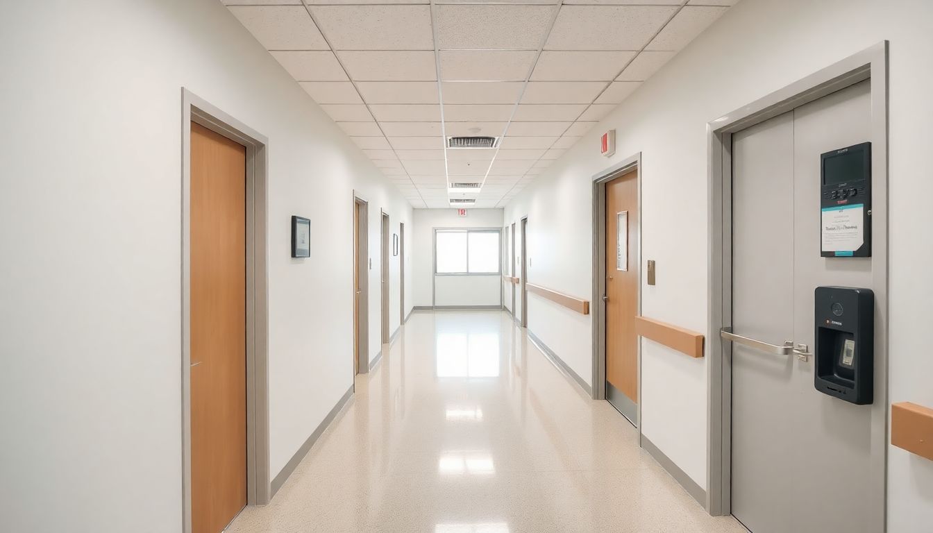 Card reader beside the staff door of an Ontario dental clinic, with the reception area and treatment corridor behind it
