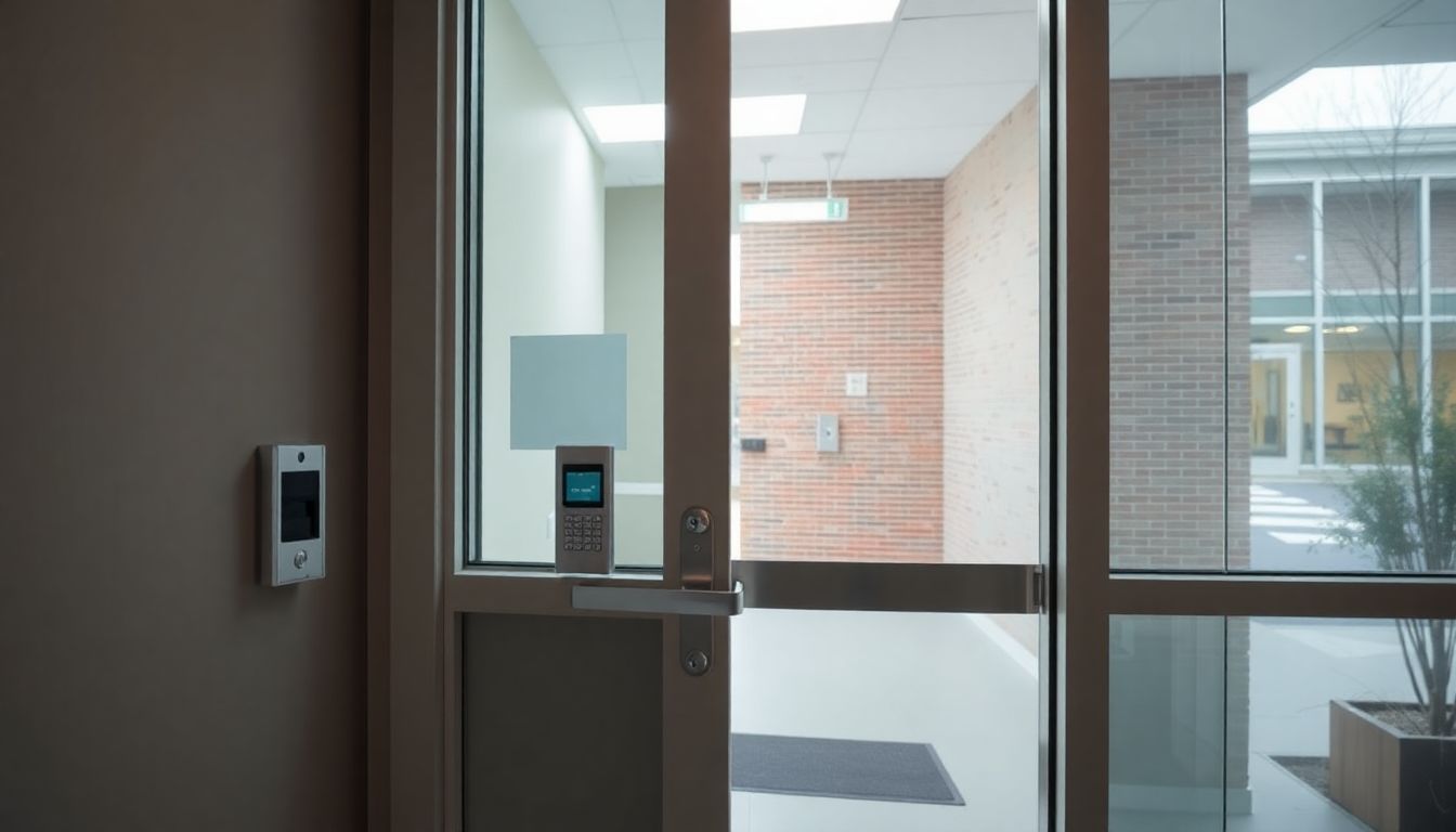 Card reader beside the staff door of an Ontario dental clinic, with the reception area and treatment corridor behind it