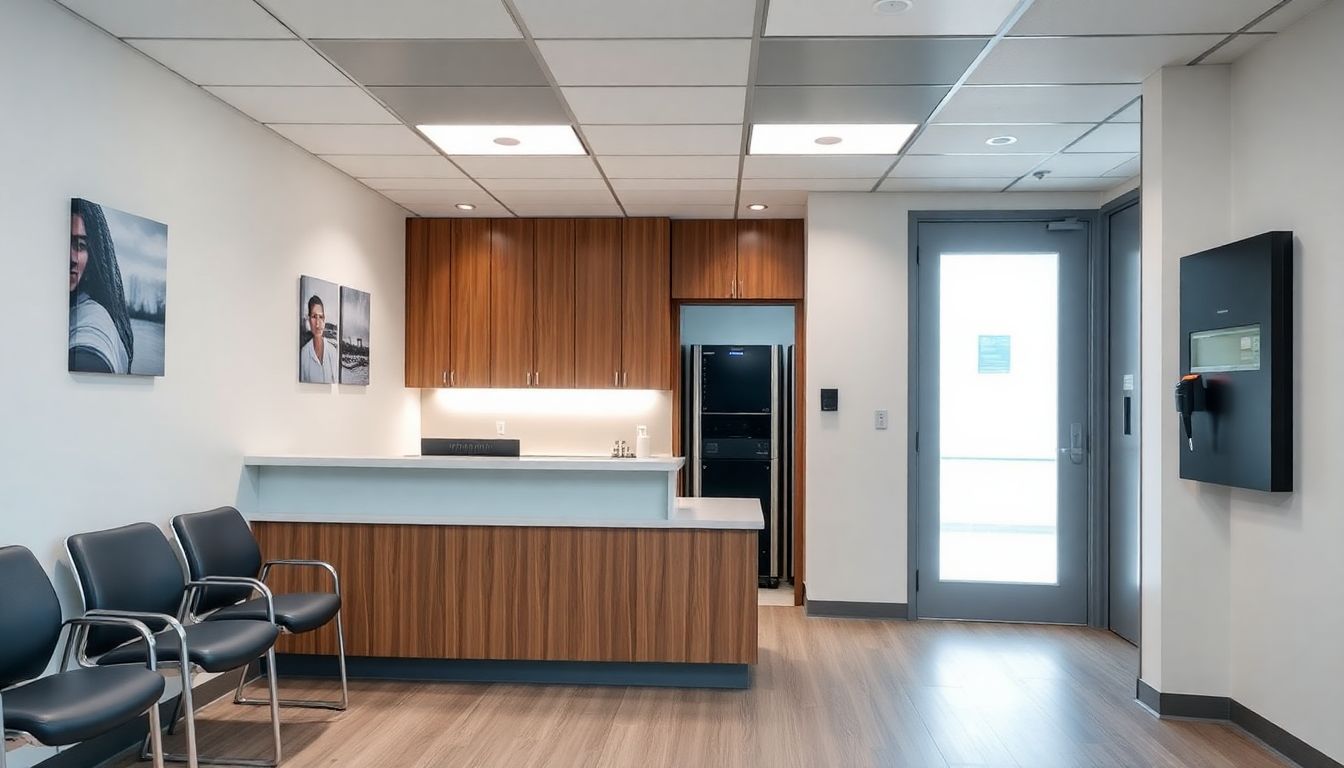 Card reader beside the staff door of an Ontario dental clinic, with the reception area and treatment corridor behind it