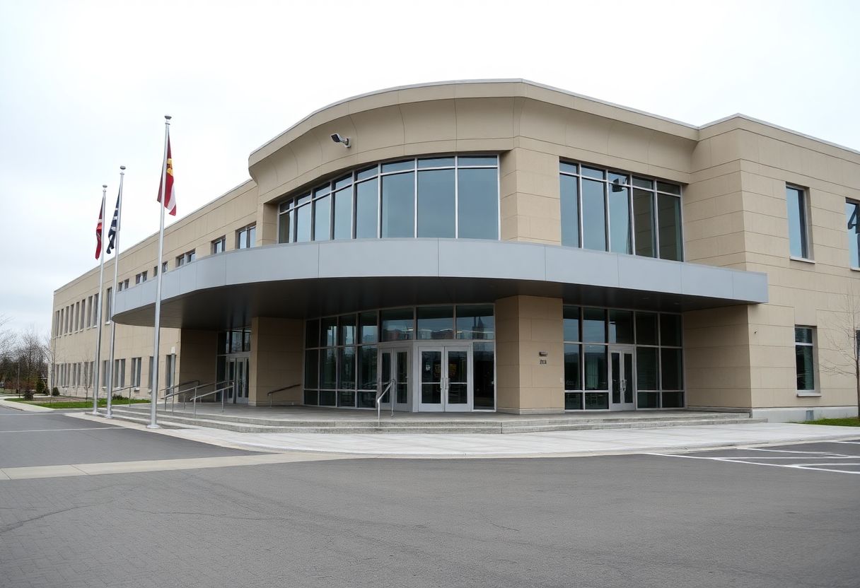 Security cameras monitoring the entrance of a municipal civic building in Ontario