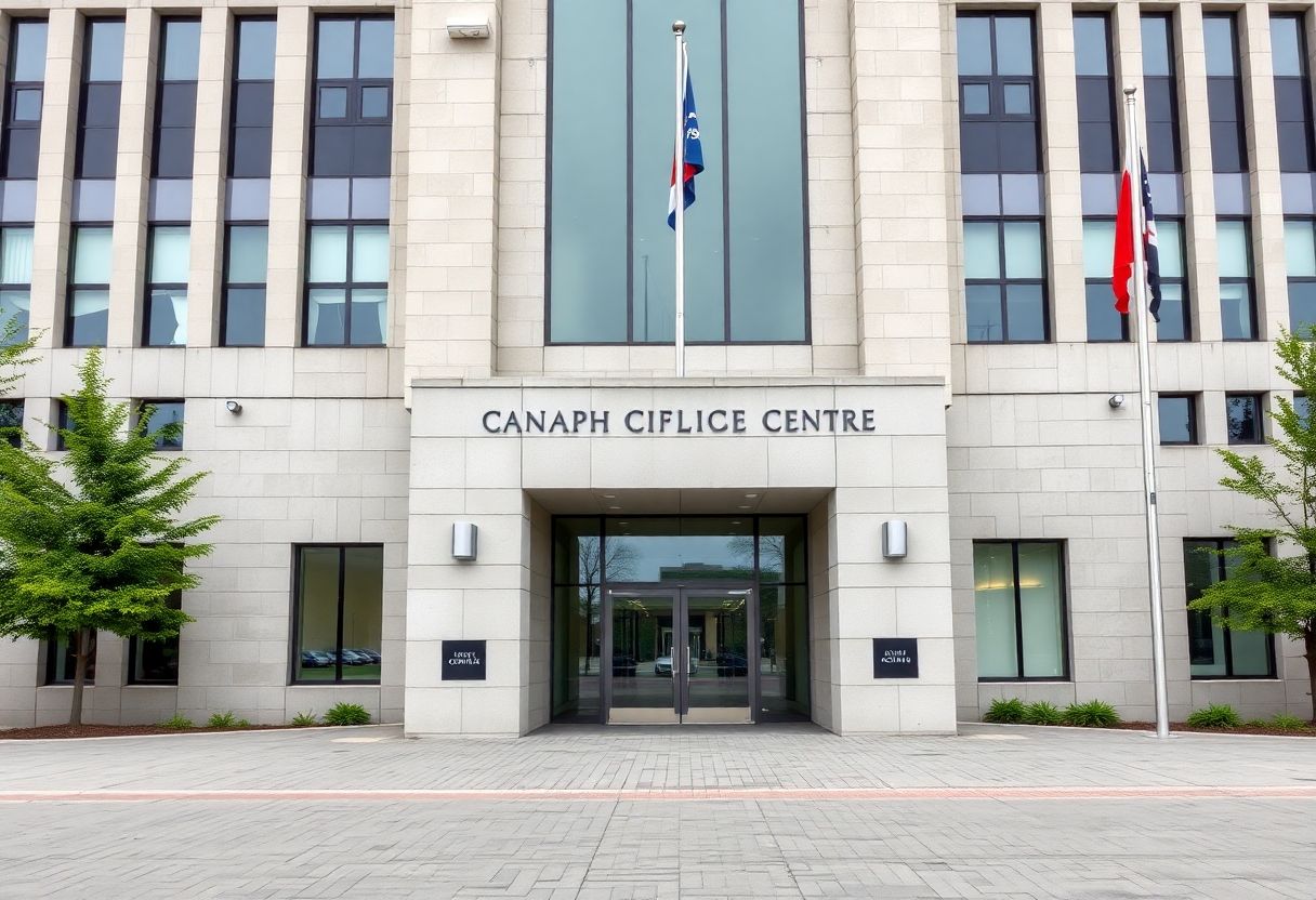 Security cameras monitoring the entrance of a municipal civic building in Ontario