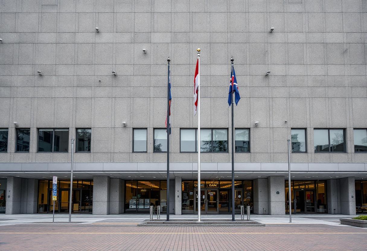 Security cameras monitoring the entrance of a municipal civic building in Ontario