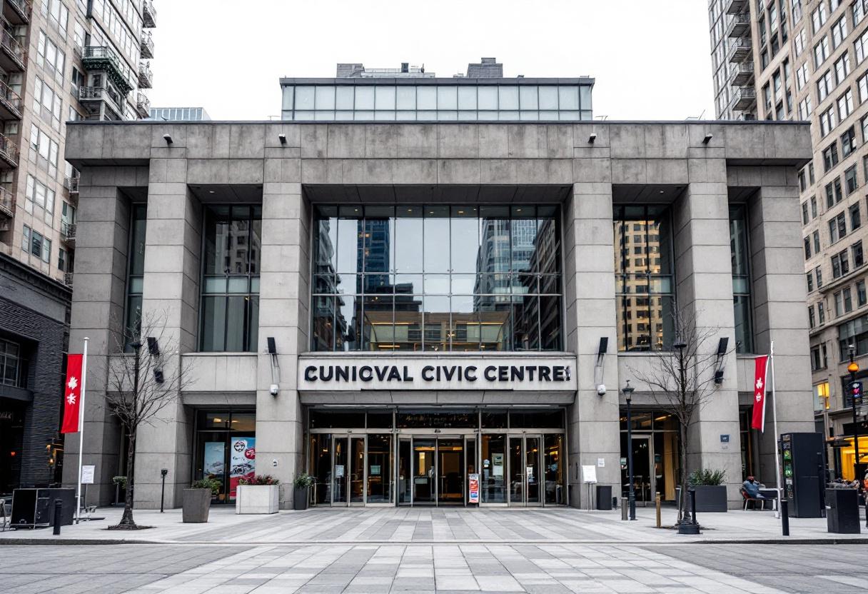 Security cameras monitoring the entrance of a municipal civic building in Ontario