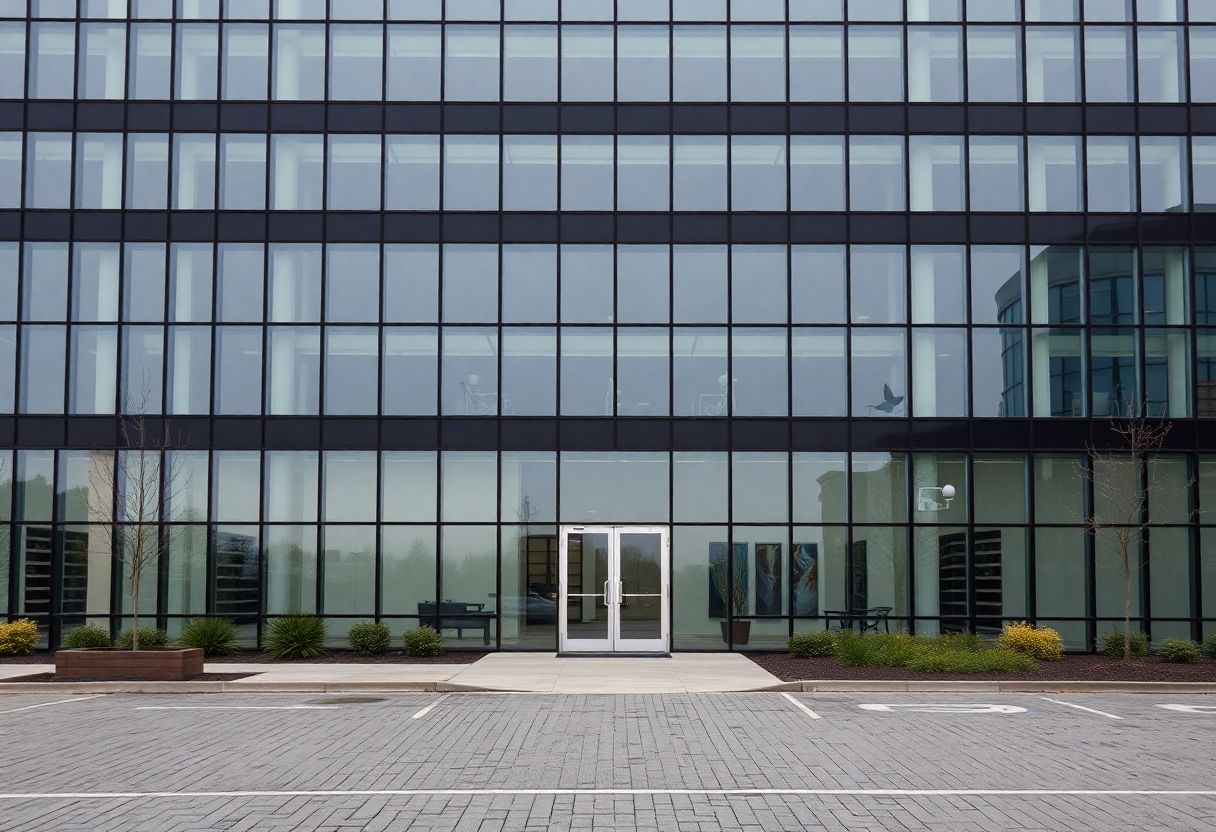 Security cameras monitoring the entrance and lobby of a commercial office building