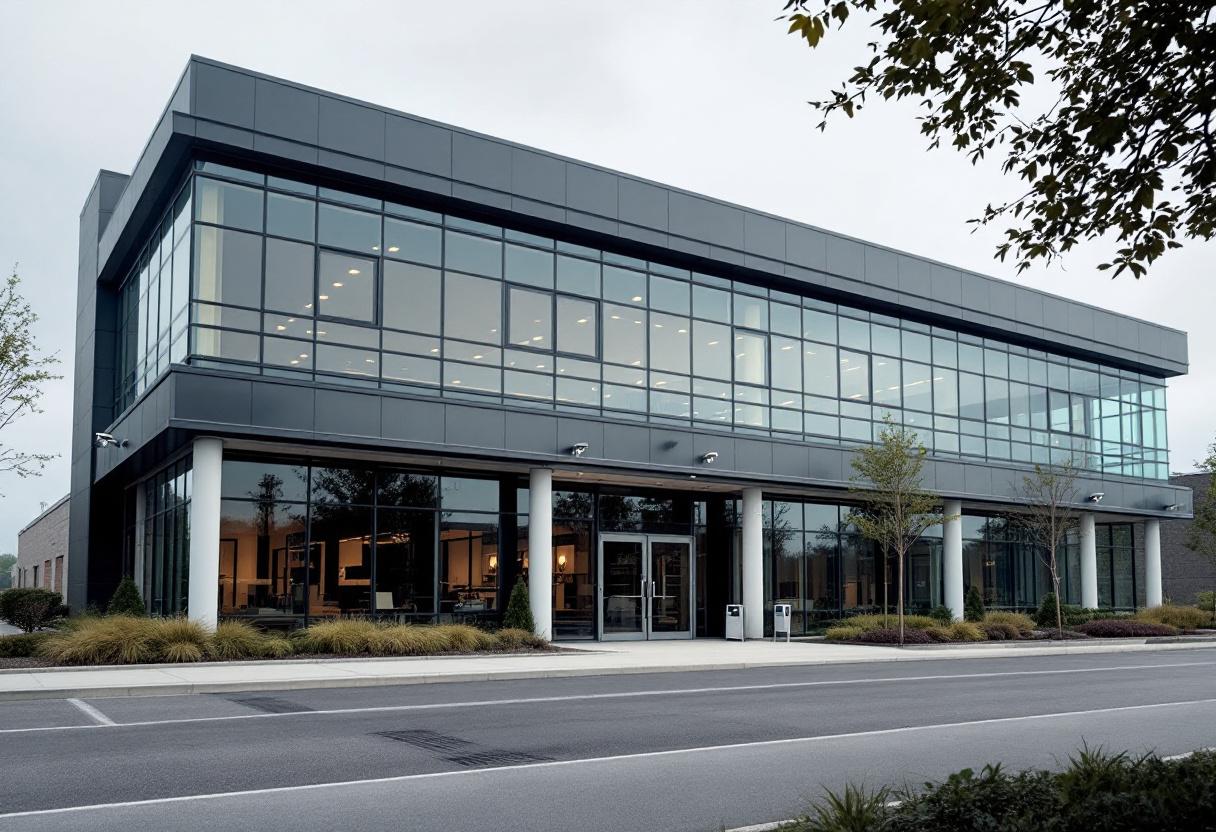 Security cameras monitoring the entrance and lobby of a commercial office building