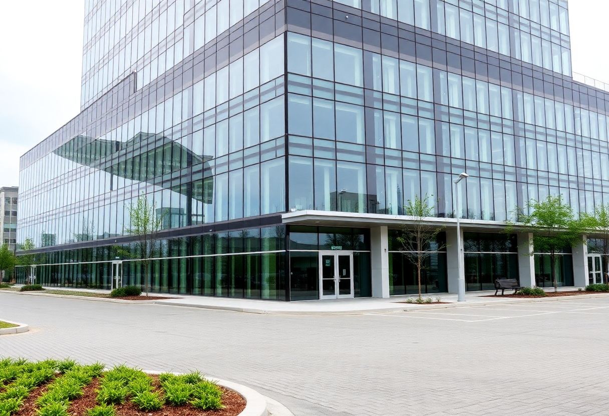 Security cameras monitoring the entrance and lobby of a commercial office building