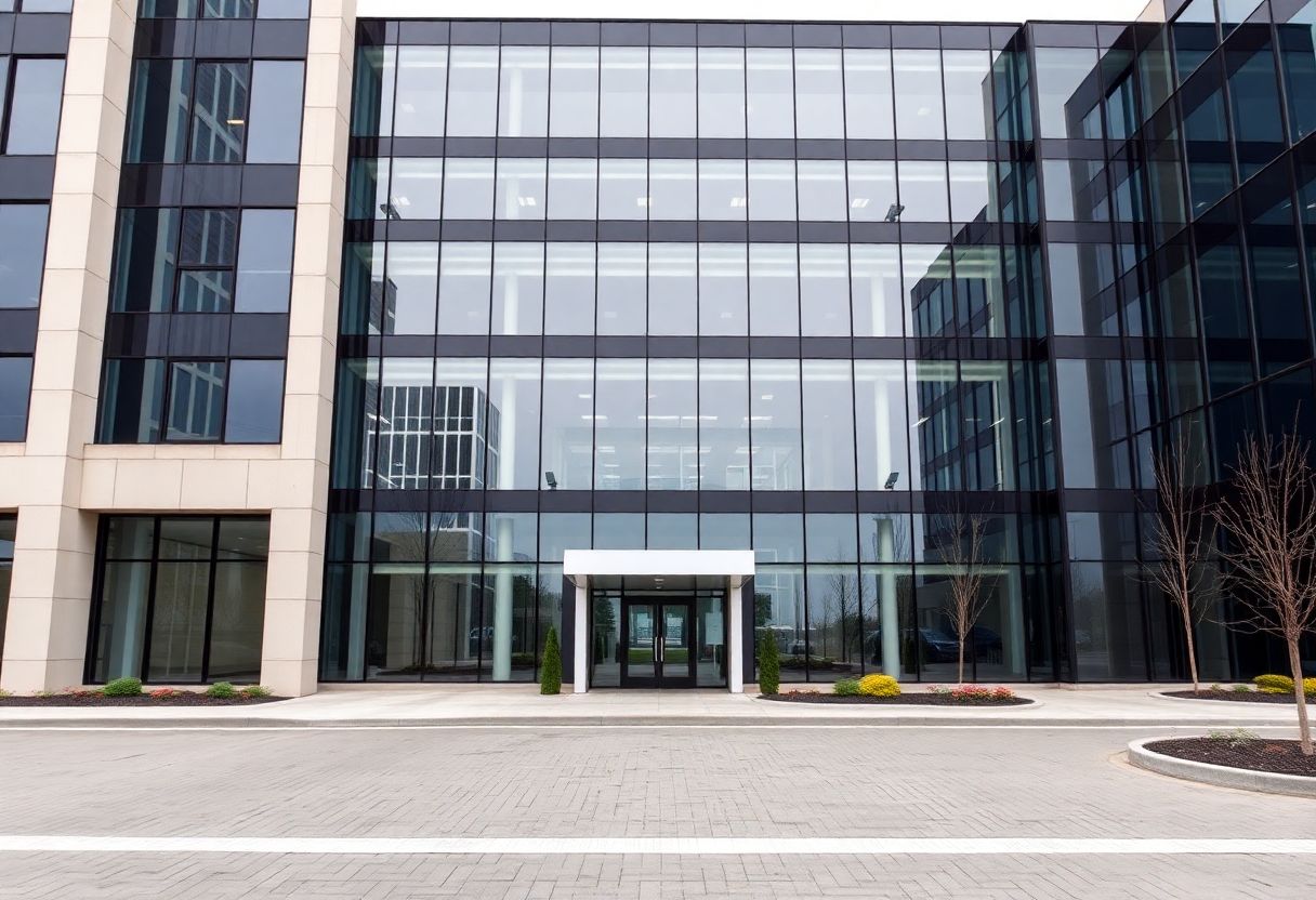 Security cameras monitoring the entrance and lobby of a commercial office building