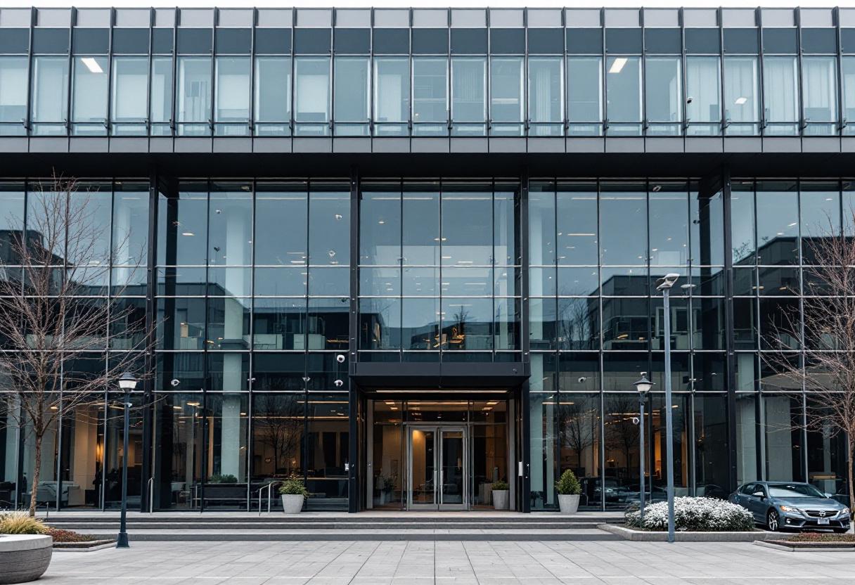 Security cameras monitoring the entrance and lobby of a commercial office building