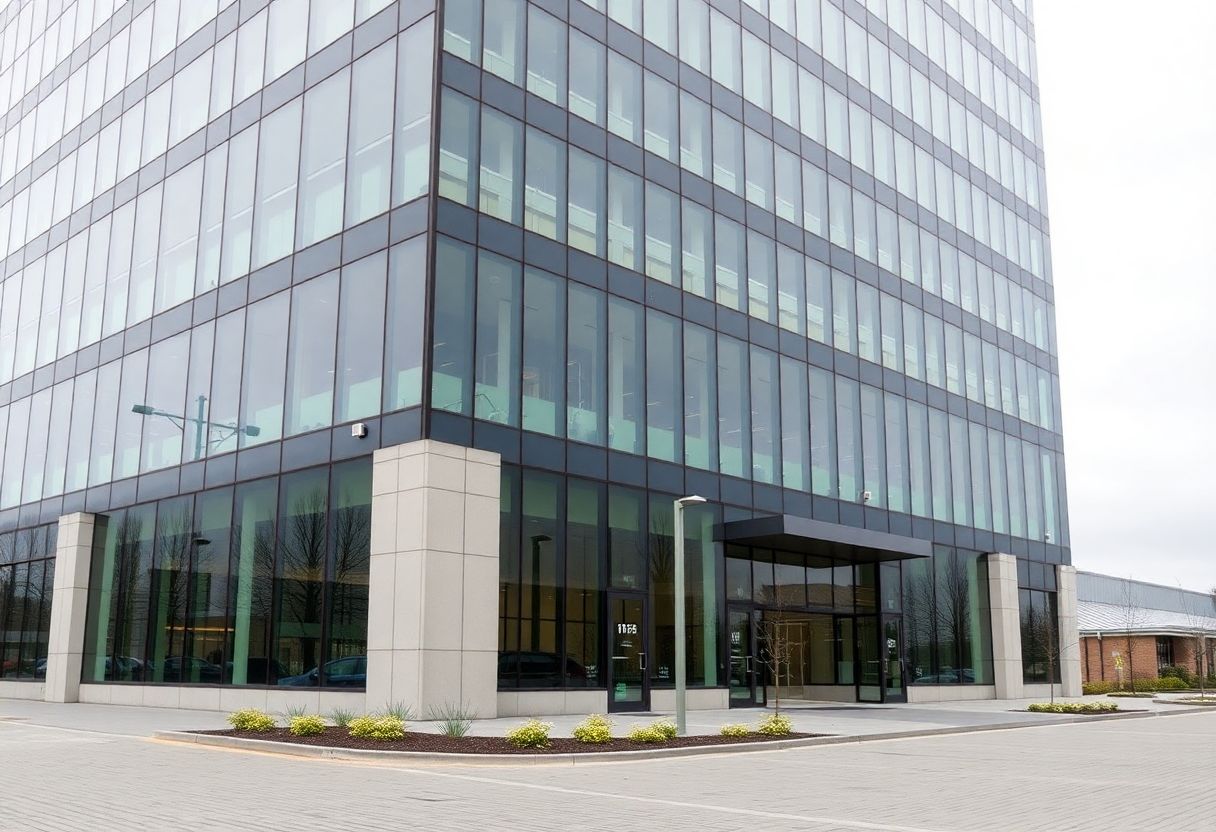 Security cameras monitoring the entrance and lobby of a commercial office building