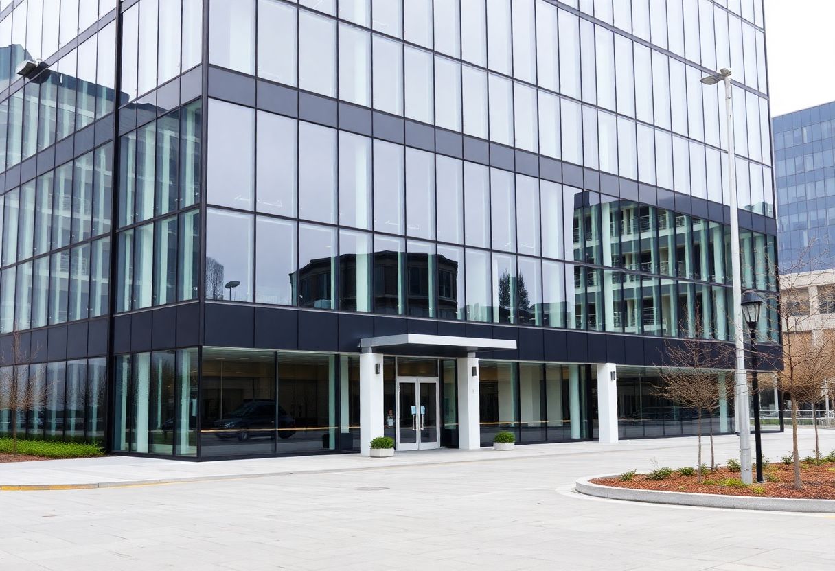Security cameras monitoring the entrance and lobby of a commercial office building