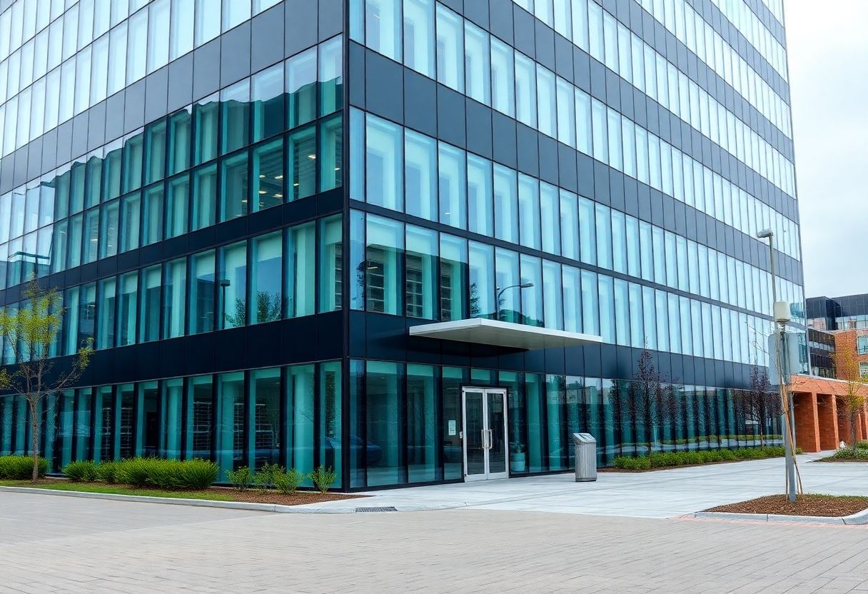 Security cameras monitoring the entrance and lobby of a commercial office building