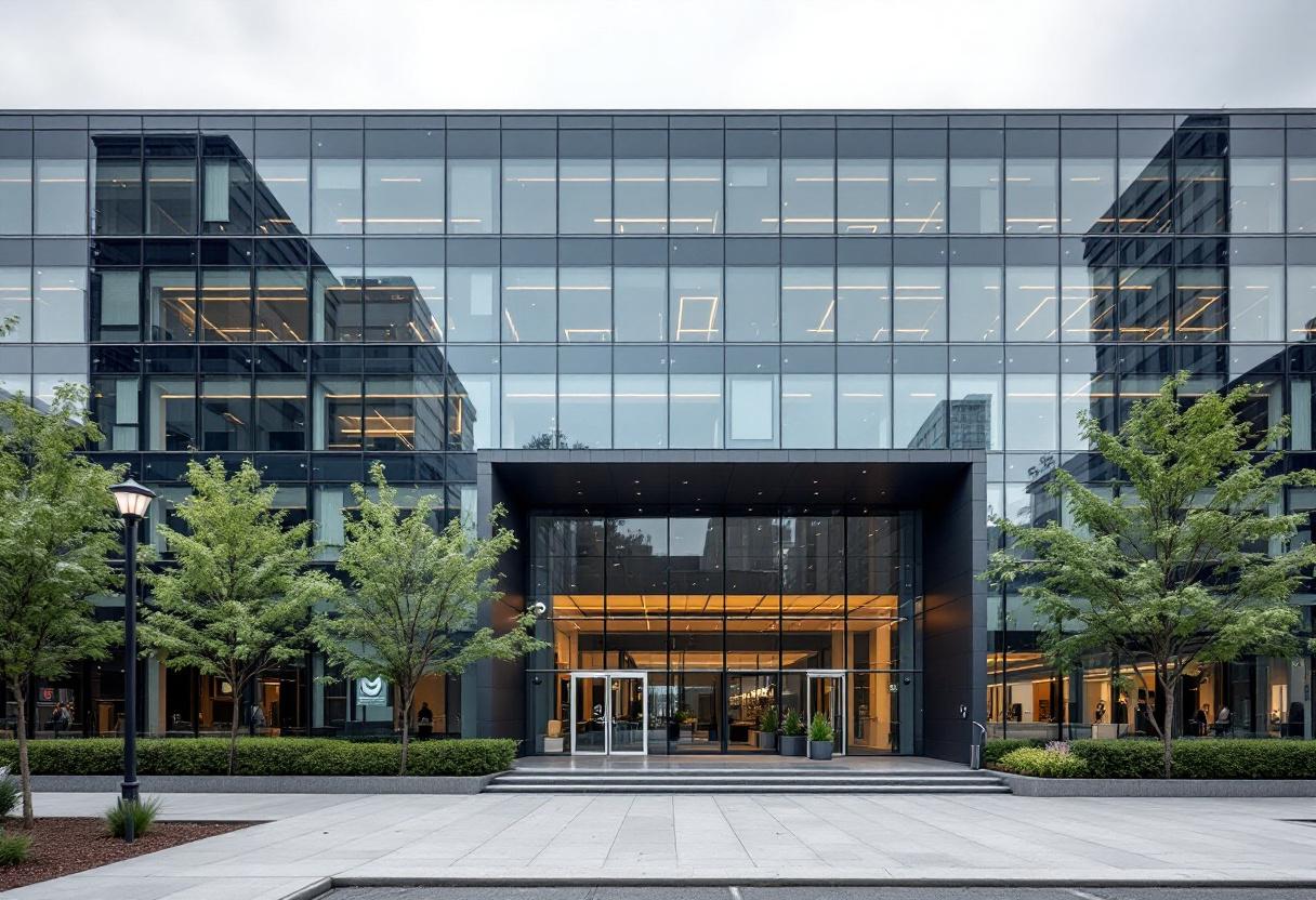 Security cameras monitoring the entrance and lobby of a commercial office building