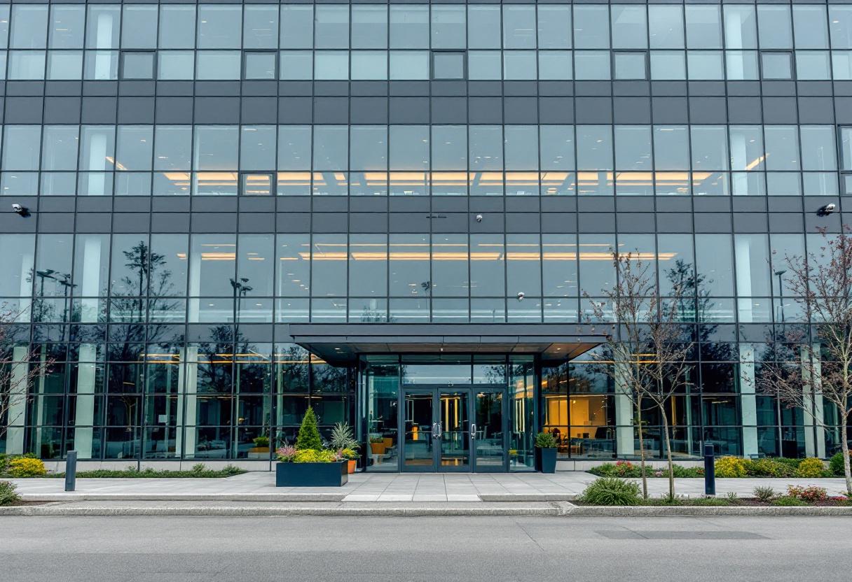 Security cameras monitoring the entrance and lobby of a commercial office building