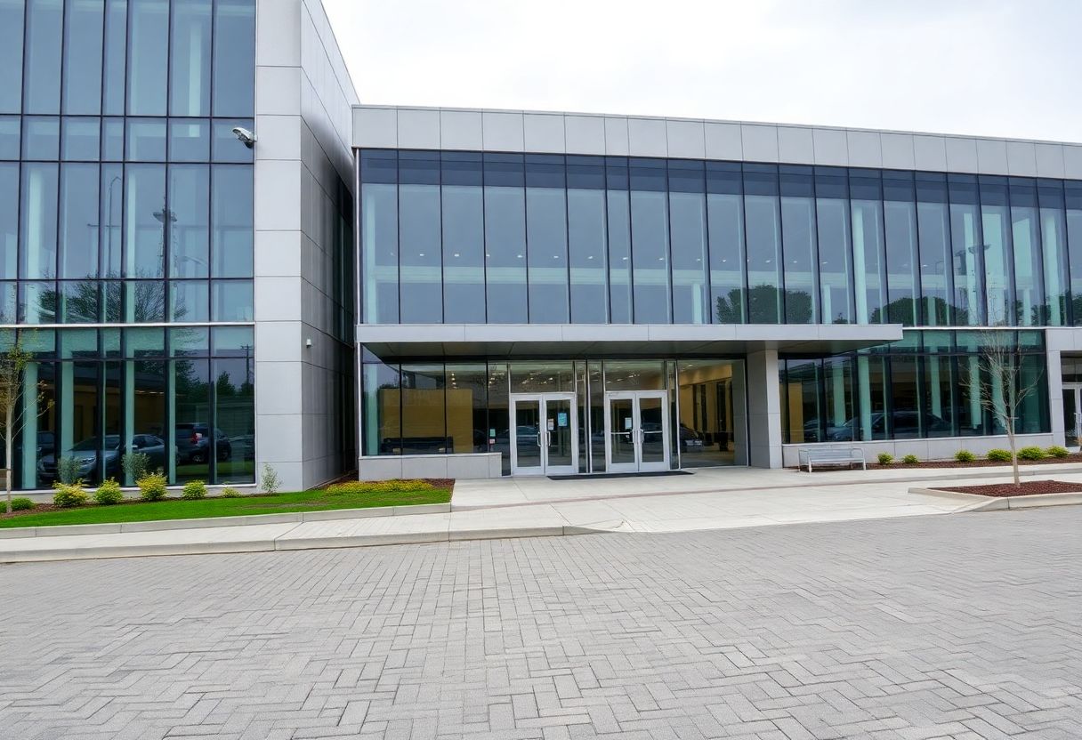 Security cameras monitoring the entrance and lobby of a commercial office building