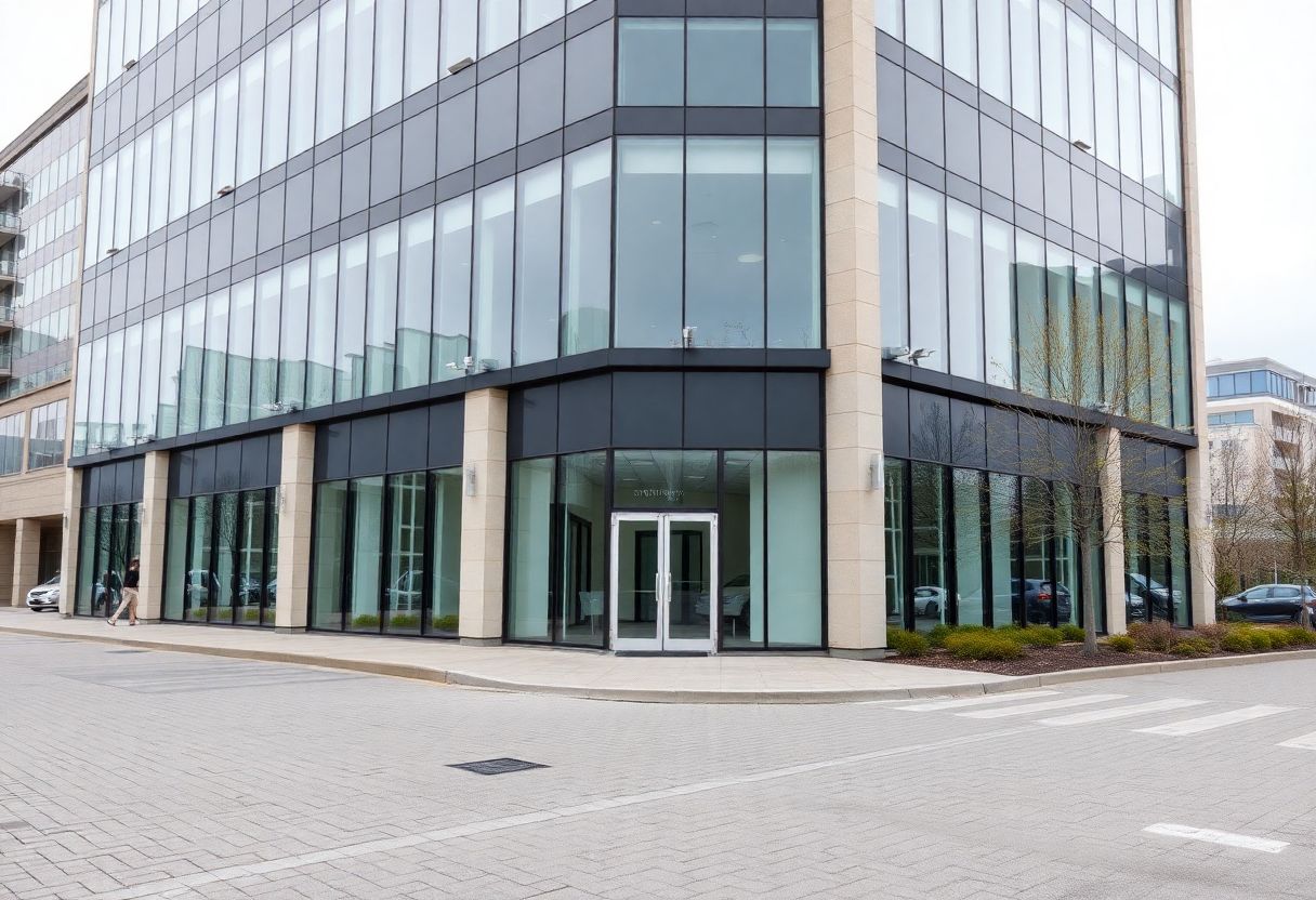 Security cameras monitoring the entrance and lobby of a commercial office building