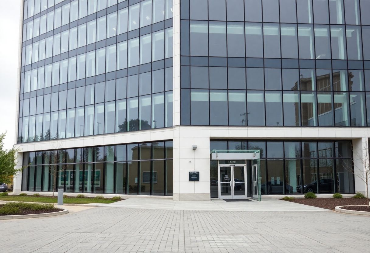 Security cameras monitoring the entrance and lobby of a commercial office building