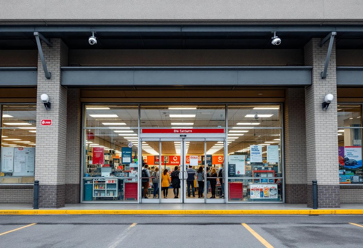 Security camera monitoring the entrance and checkout area of a retail store in Ontario