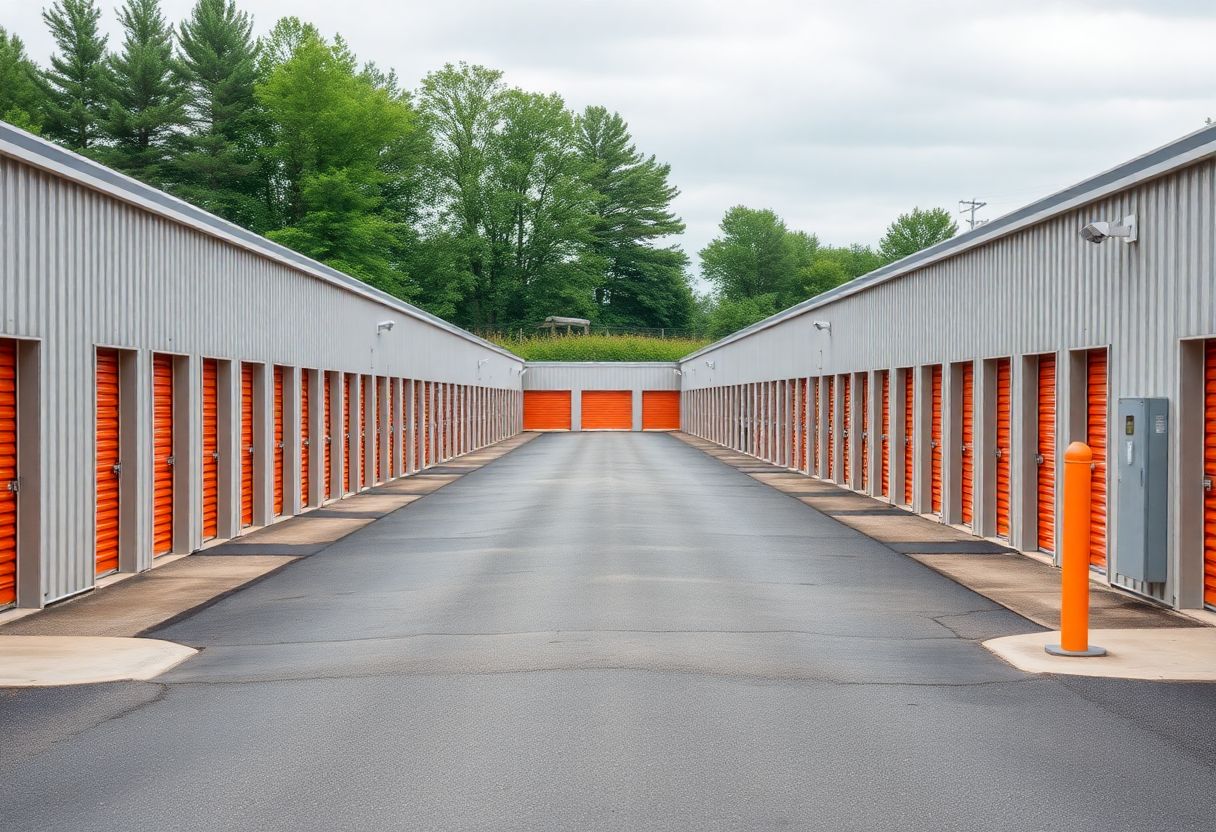 Security cameras monitoring the entrance and drive aisles of a self-storage facility in Ontario