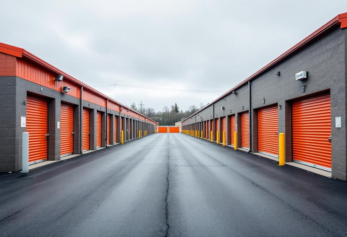 Security cameras monitoring the entrance and drive aisles of a self-storage facility in Ontario