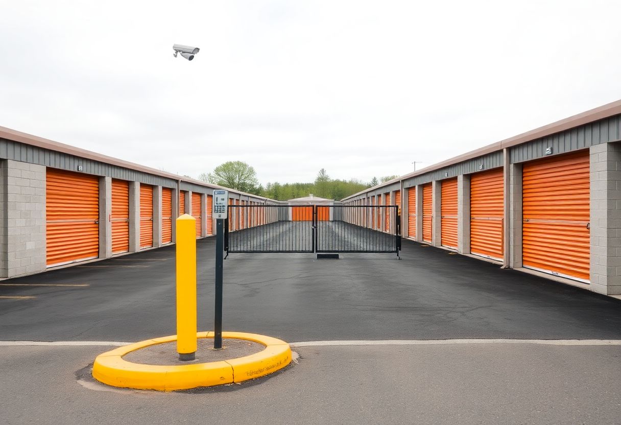 Security cameras monitoring the entrance and drive aisles of a self-storage facility in Ontario