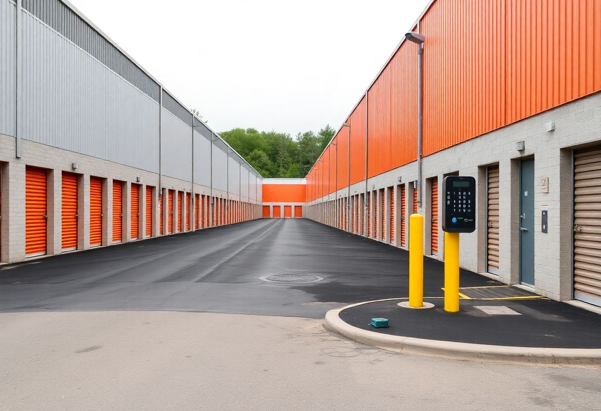 Security cameras monitoring the entrance and drive aisles of a self-storage facility in Ontario
