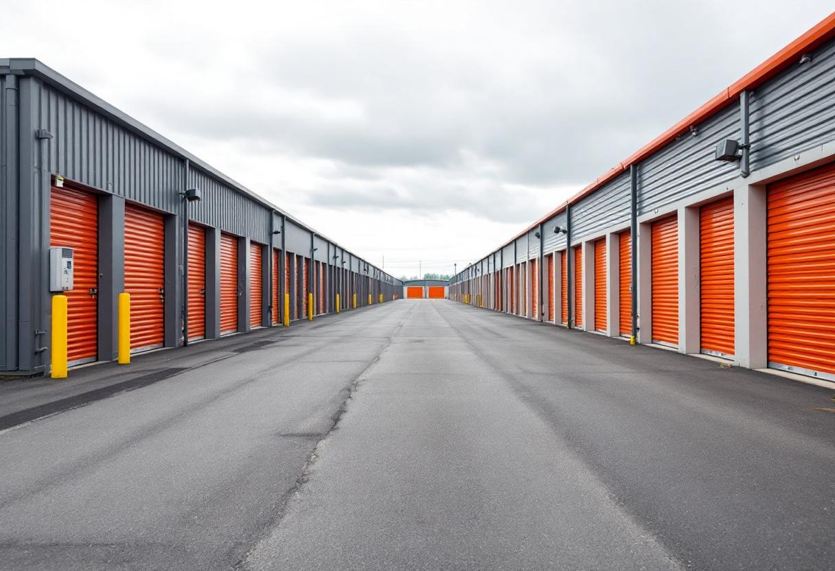 Security cameras monitoring the entrance and drive aisles of a self-storage facility in Ontario
