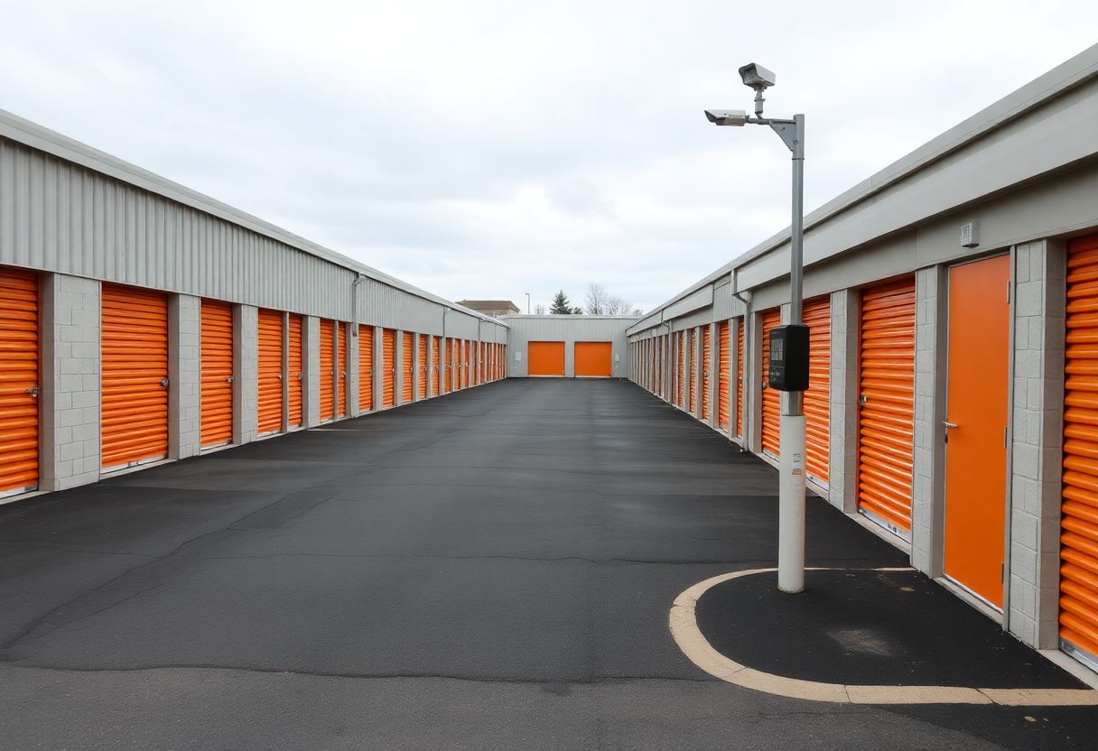 Security cameras monitoring the entrance and drive aisles of a self-storage facility in Ontario