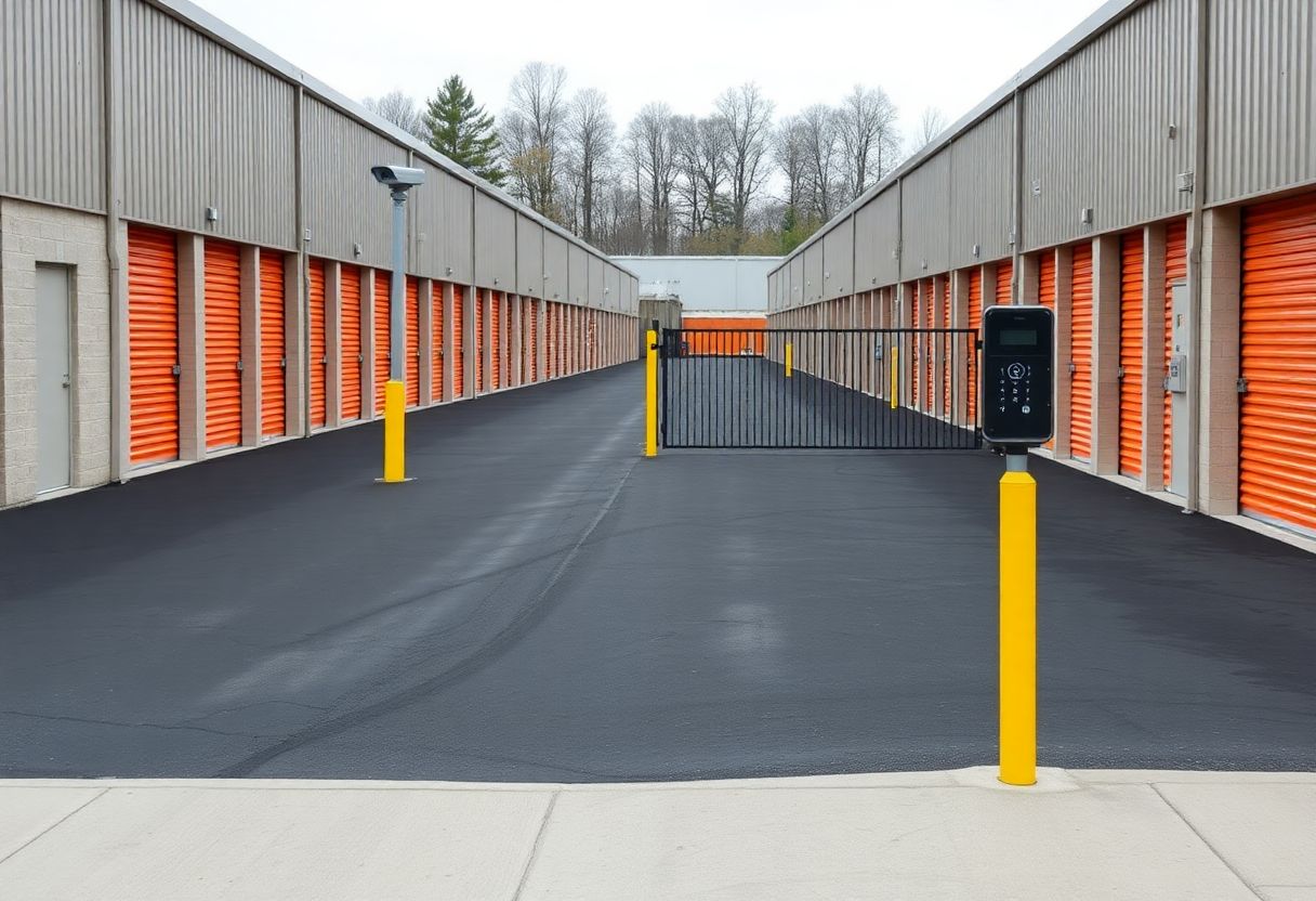 Security cameras monitoring the entrance and drive aisles of a self-storage facility in Ontario