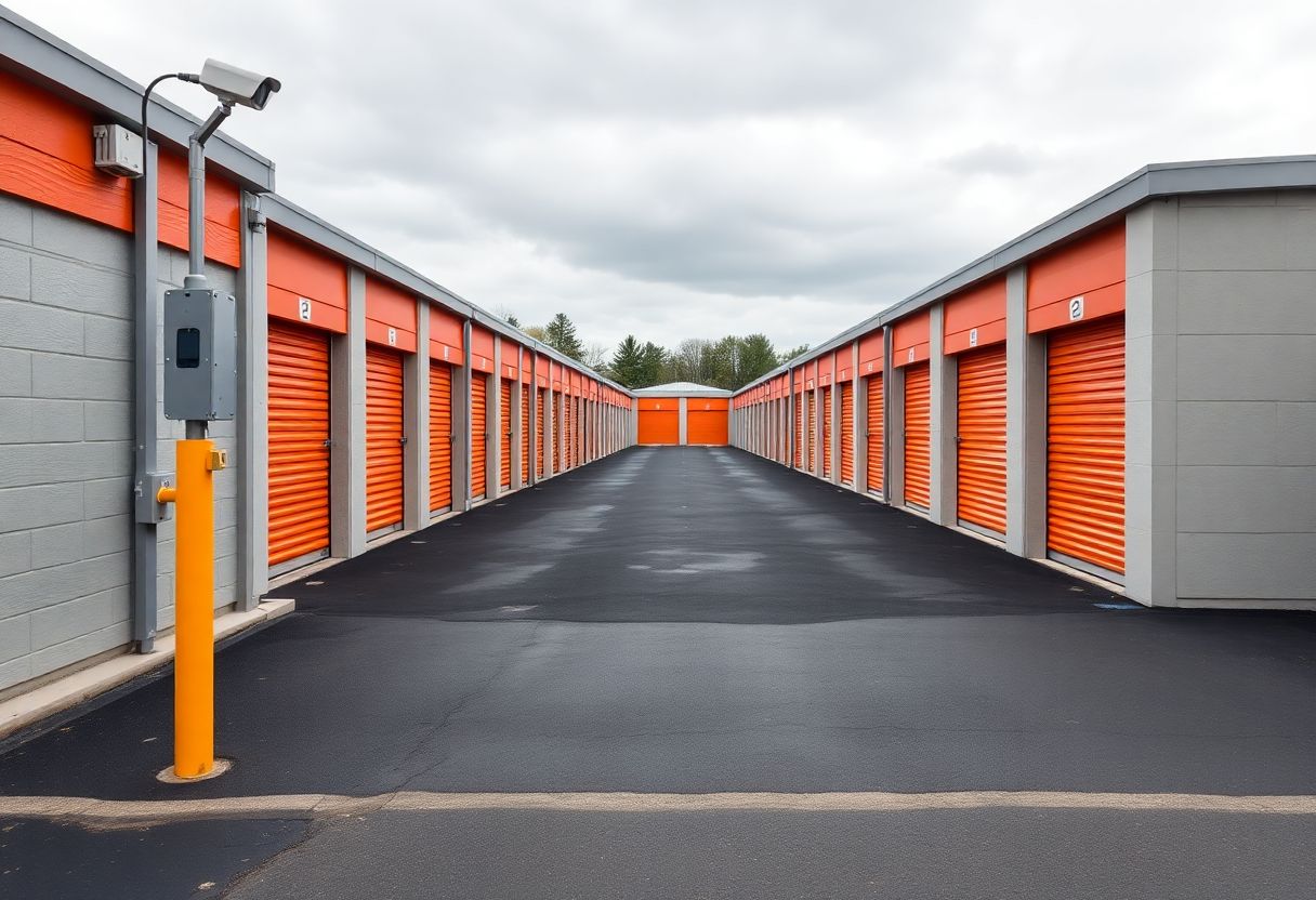 Security cameras monitoring the entrance and drive aisles of a self-storage facility in Ontario