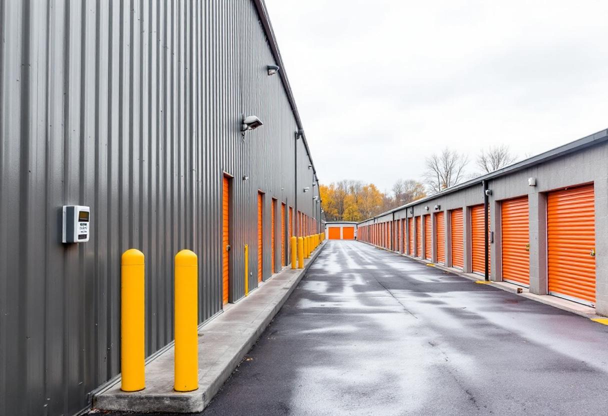 Security cameras monitoring the entrance and drive aisles of a self-storage facility in Ontario