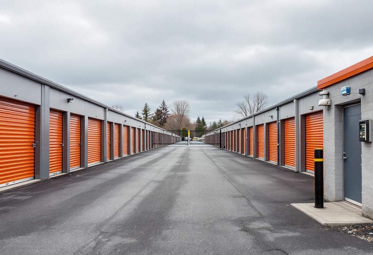 Security cameras monitoring the entrance and drive aisles of a self-storage facility in Ontario