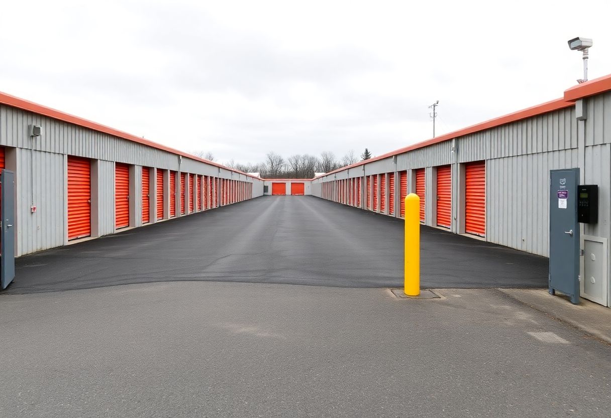 Security cameras monitoring the entrance and drive aisles of a self-storage facility in Ontario